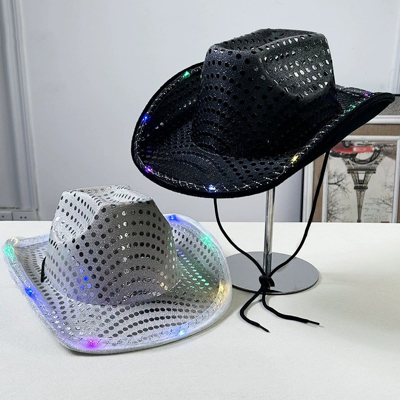 Sequin Cowboy Hat LED Light Up Cowgirl Hat Flashing Blinky Lights Fun Rodeo Party Hats Costume Accessories for Party Costumes