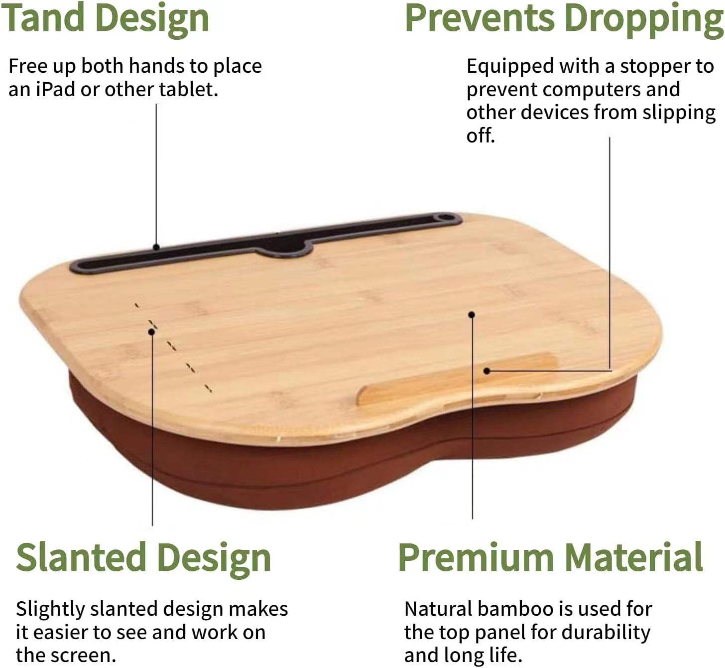 Portable Lap Desk with Soft Cushion, Bamboo Laptop Desk With Pillow Cushion & Phone Slot, For Bed, Car, Couch, Travel