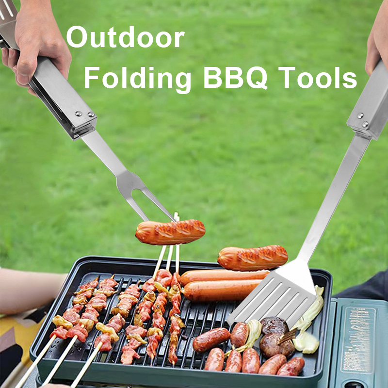 3-in-1 Folding Barbecue Tool, Spatula, Fork and Knife. Stainless Steel 19.5 Inch Long BBQ Grilling Tool For Outdoor Camping