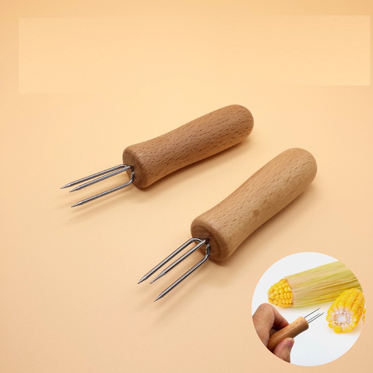 Barbecue Corn Cob Forks Holders Stainless Steel Skewers Wood Wooden Handle for BBQ Picnics and Camping