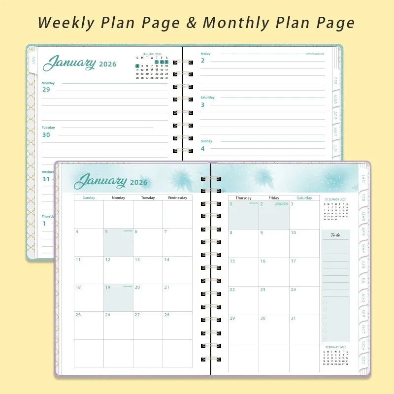 2026 12 Months (2026.01-2026.12) Weekly Planner Notebook with Twin-Wire Spiral Binding -- Soft-touch Faux Leather Cover, A5 Size