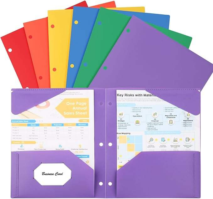 Plastic File Folders With Two Pockets and Business Slot for Letter Size A4 Documents Folders, Suitable for standard 3 Ring Binder