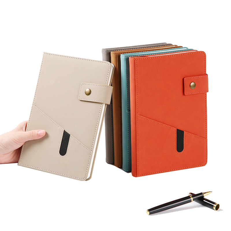 Hardcover A5 Leather Retro Notebook Front Pocket Journal Button Closure for Writing