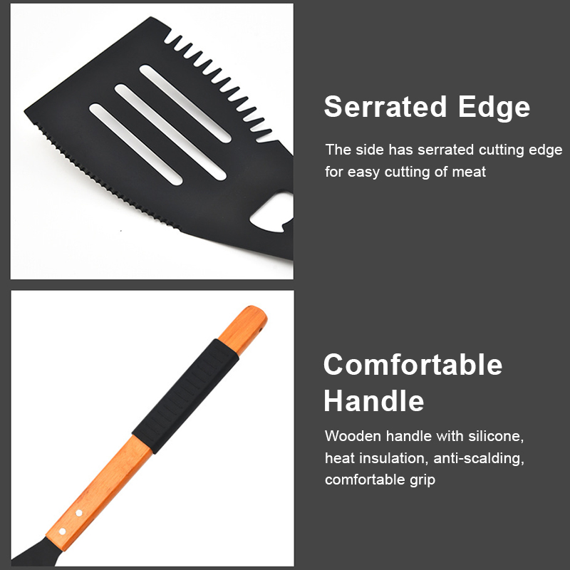 Multifunctional Metal BBQ Spatula With Beer Bottle Opener, Serrated Edge; 20" Long Grilling Tools with Wooden Handle