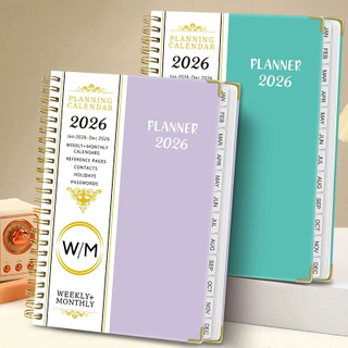 Hardcover 2026 Daily Planner Agenda Notebook -- A5 Size, 8.5" * 6.2", Double Wire-O Binding, Elastic Closure, Monthly Index.