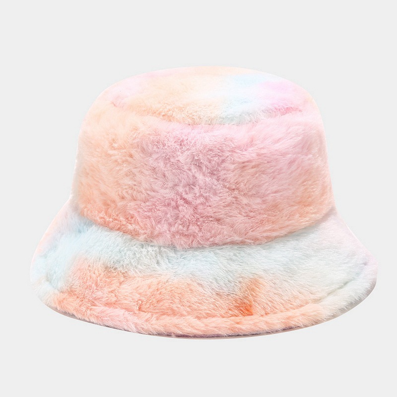 Women Girls Tie Dye Faux Fur Warm Bucket Hat Fuzzy Rainbow Winter Fisherman Cap